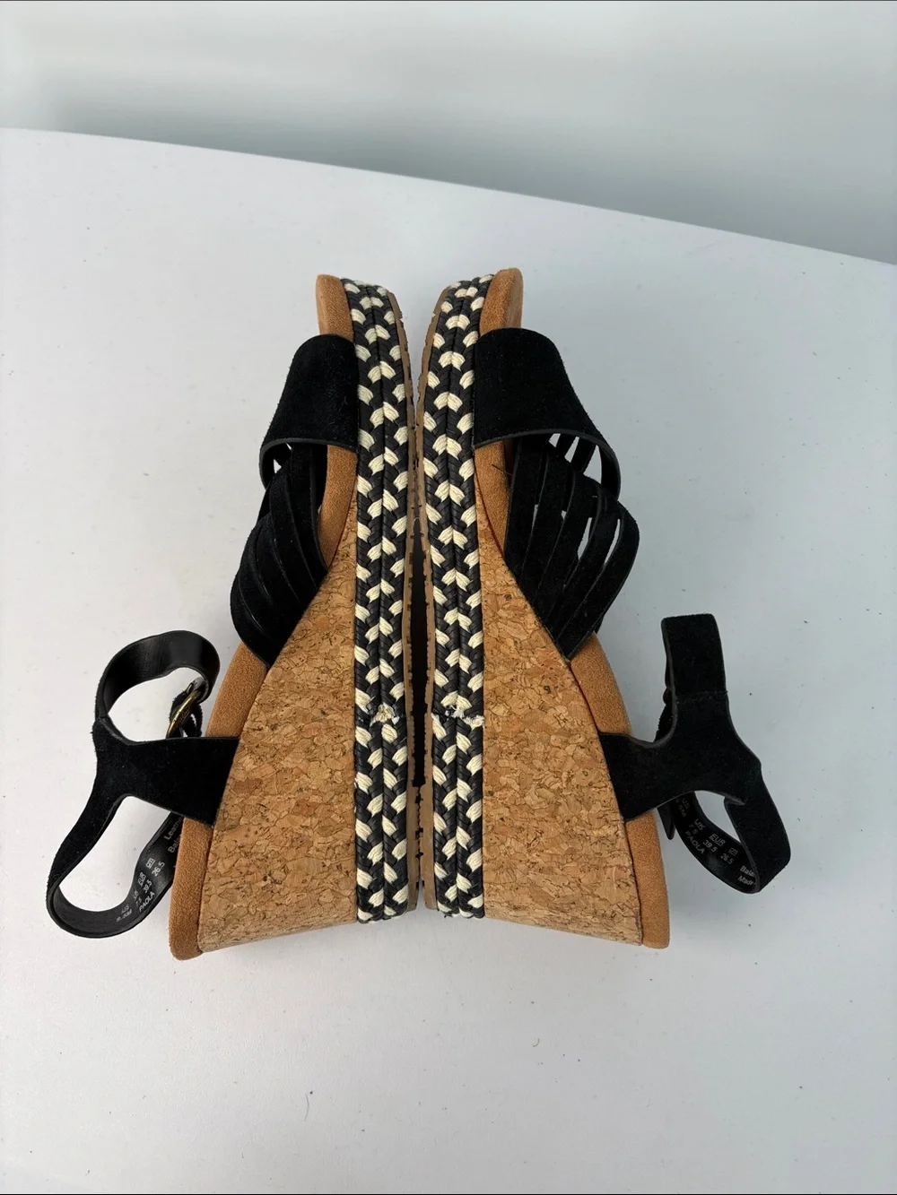 🐚 Zodiac Black Suede Cork Espadrille Wedges Paola